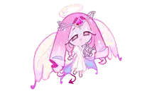 a cartoon drawing of an angel with pink hair and wings holding a lantern .