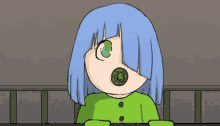 a cartoon character with blue hair and green eyes has a button in her mouth