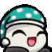 a pixel art drawing of a penguin wearing a polka dot hat and scarf .