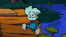 a cartoon character is sitting on a wooden dock near a body of water