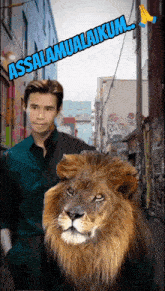 a man standing next to a lion with the words assalamualaikum written above him