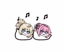a drawing of two girls with music notes coming out of their heads