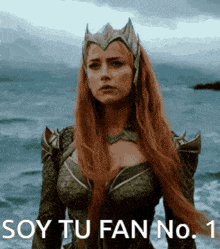 a woman with long red hair is standing in front of a body of water with the words soy tu fan no. 1 below her