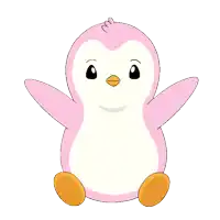 a pink penguin with hearts coming out of its head