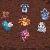 a group of cartoon monsters are standing on a rocky surface