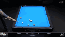 a pool table with a blue cloth and a man holding a cue