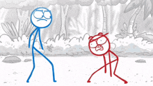 a blue stick figure stands next to a red stick figure in a cartoon