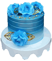 a blue and white cake with blue flowers and gold leaves