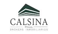a logo for calsina brokers inmobiliarios with a green building