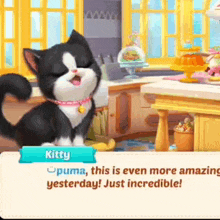 a black and white cat is sitting in a kitchen with its mouth open and talking to someone .