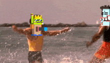 a pixelated image of two men holding hands in the ocean
