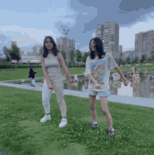 two girls are holding hands in a park and one has a t-shirt that says ' nirvana '