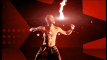a man without a shirt is standing in front of a fire