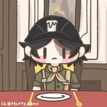 a drawing of a boy with a hat that says ' m ' on it sits at a table
