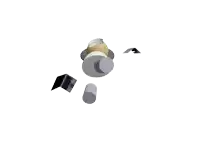a computer generated image of various objects including a laptop and a cylinder