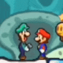 mario and luigi are standing next to each other in a video game