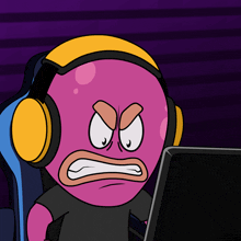 a cartoon character wearing headphones and looking at a computer screen