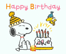 snoopy is blowing out candles on a birthday cake while woodstock looks on .