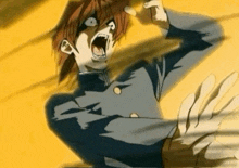 a cartoon character is screaming with his mouth open and his hands outstretched .