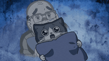 a cartoon of a man holding a cat wrapped in a blanket