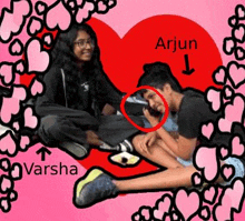 a boy and a girl are sitting next to each other in front of a heart with hearts around them .