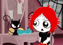 a cartoon character with red hair and a black cat