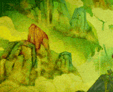 a painting of a landscape with a waterfall in the background