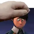 a hand is holding a cartoon character 's head in a pixelated image .