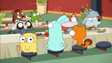 a group of cartoon characters are sitting at a table