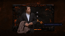 a man in a suit stands in front of a crucible passive skill tree screen