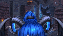 a cartoon character with blue hair and horns looks at the camera