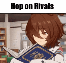 a girl is reading a book in a library with the words `` hop on rivals '' written on the bottom .