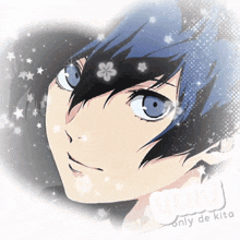 a drawing of a boy with blue hair and the words only de kita below him