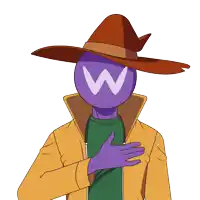 a cartoon character with a purple head and a large w on it