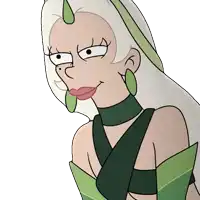a cartoon drawing of a woman wearing green earrings