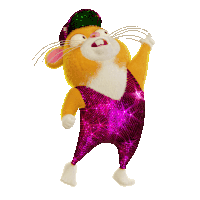 a cartoon hamster is wearing a purple outfit and a hat