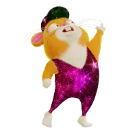 a cartoon hamster is wearing a purple outfit and a hat