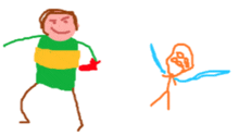 a drawing of a man in a green and yellow shirt