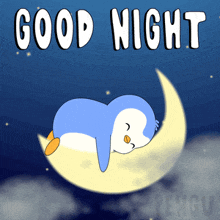 a penguin sleeping on a crescent moon with the words good night written above it