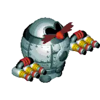a pixel art drawing of a robot with red spikes on its arms