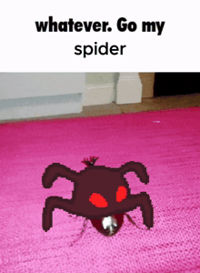 a spider with red eyes is on a pink rug