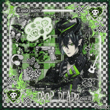 a picture of a boy with horns and a gun says emo now drop dead