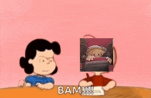 a cartoon character is sitting at a table with a picture of a person in a chair .