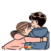 a cartoon of a boy and a girl hugging each other with a heart in the middle