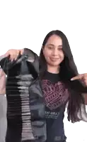 a woman wearing a black t-shirt that says cvbo ii