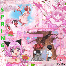 a collage of anime characters with the words spring written in green