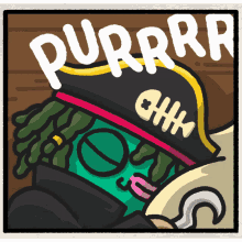 a cartoon illustration of a pirate with the word purrrr written on it