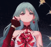 a girl with green hair and purple eyes is wearing a red dress