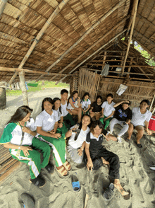 a group of people sitting under a thatched roof with one wearing a shirt that says ' ucsd '