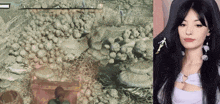 a woman is playing a video game next to a picture of a pile of bones .